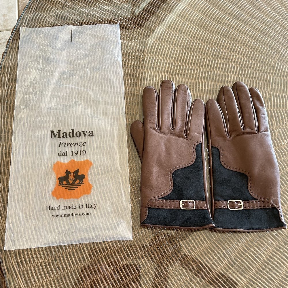 MADOVA LEATHER GLOVES 100% CASHMERE LINED SIZE 7 WOMEN'S MEDIUM BROWN W/SUEDE &